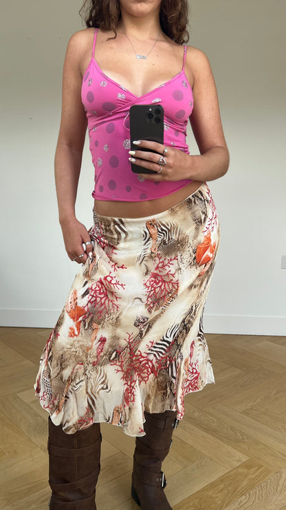 00s brown patterned mesh midi skirt- size XL