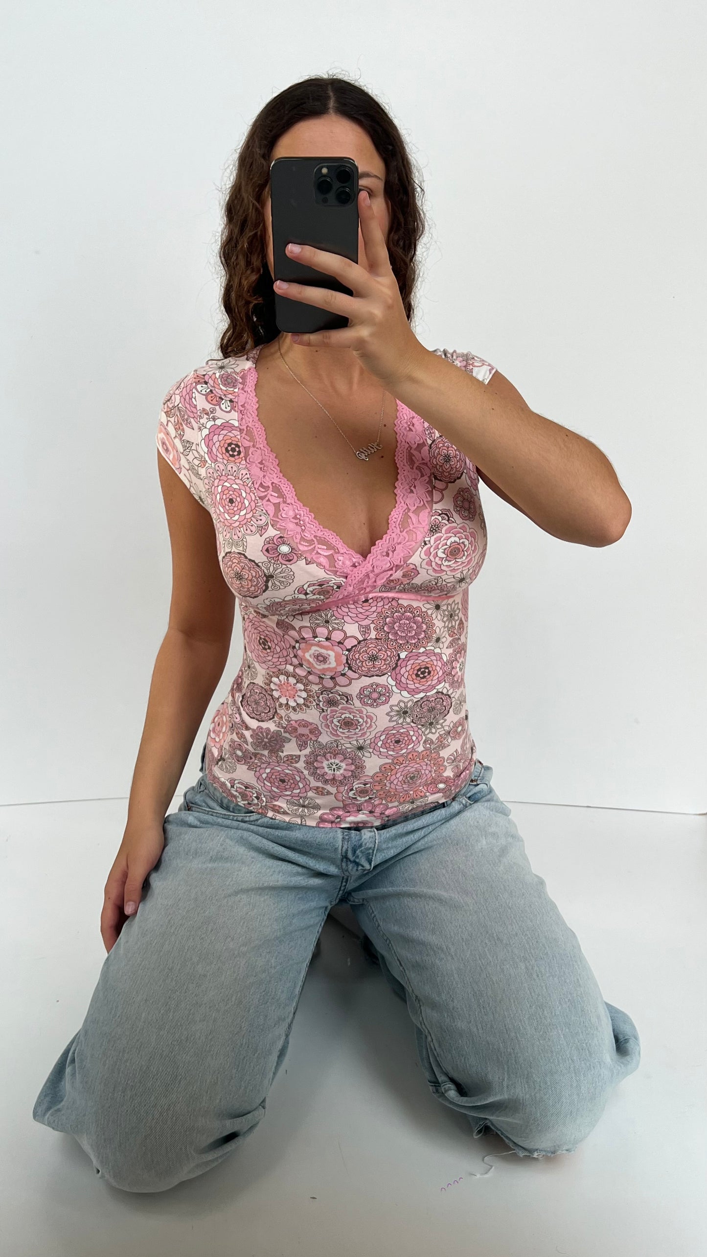00s pink floral top- size S