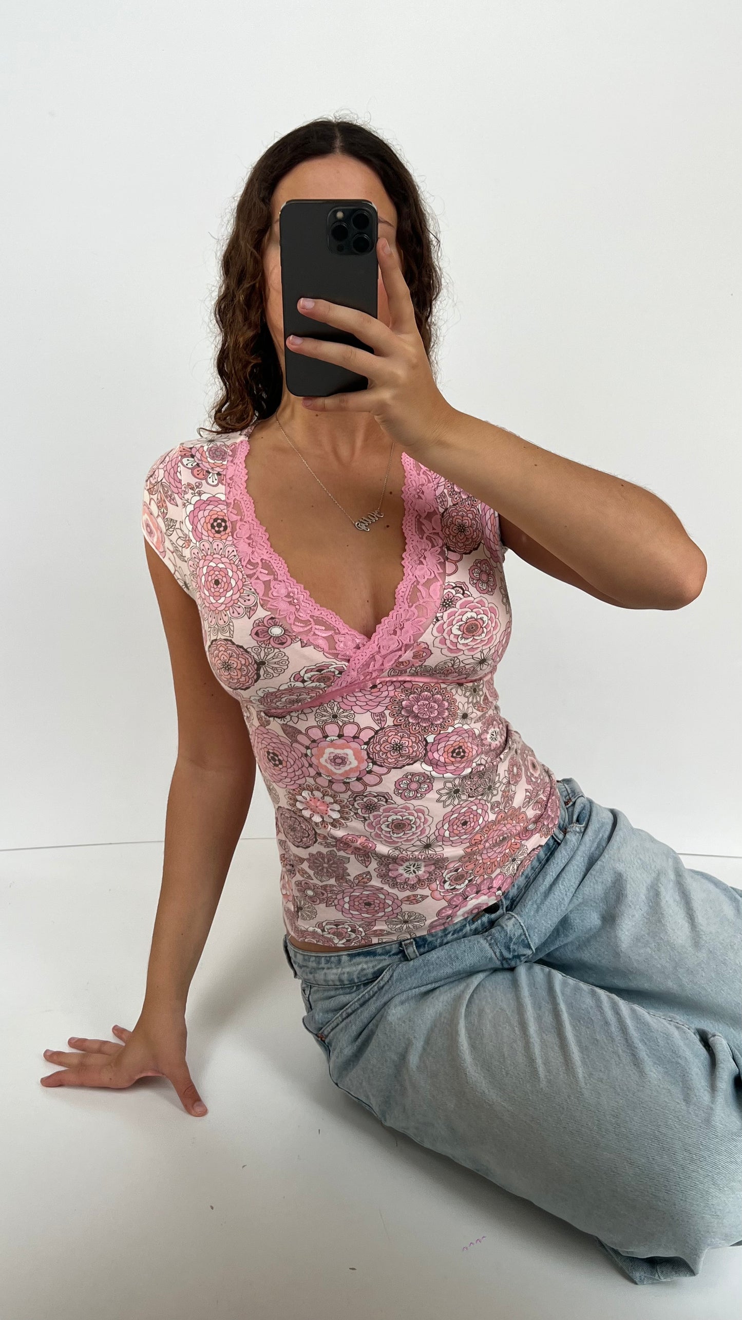 00s pink floral top- size S