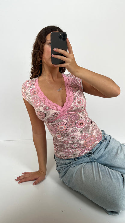 00s pink floral top- size S