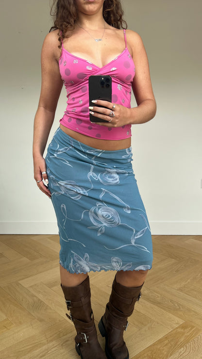 00s blue floral mesh midi skirt- size M