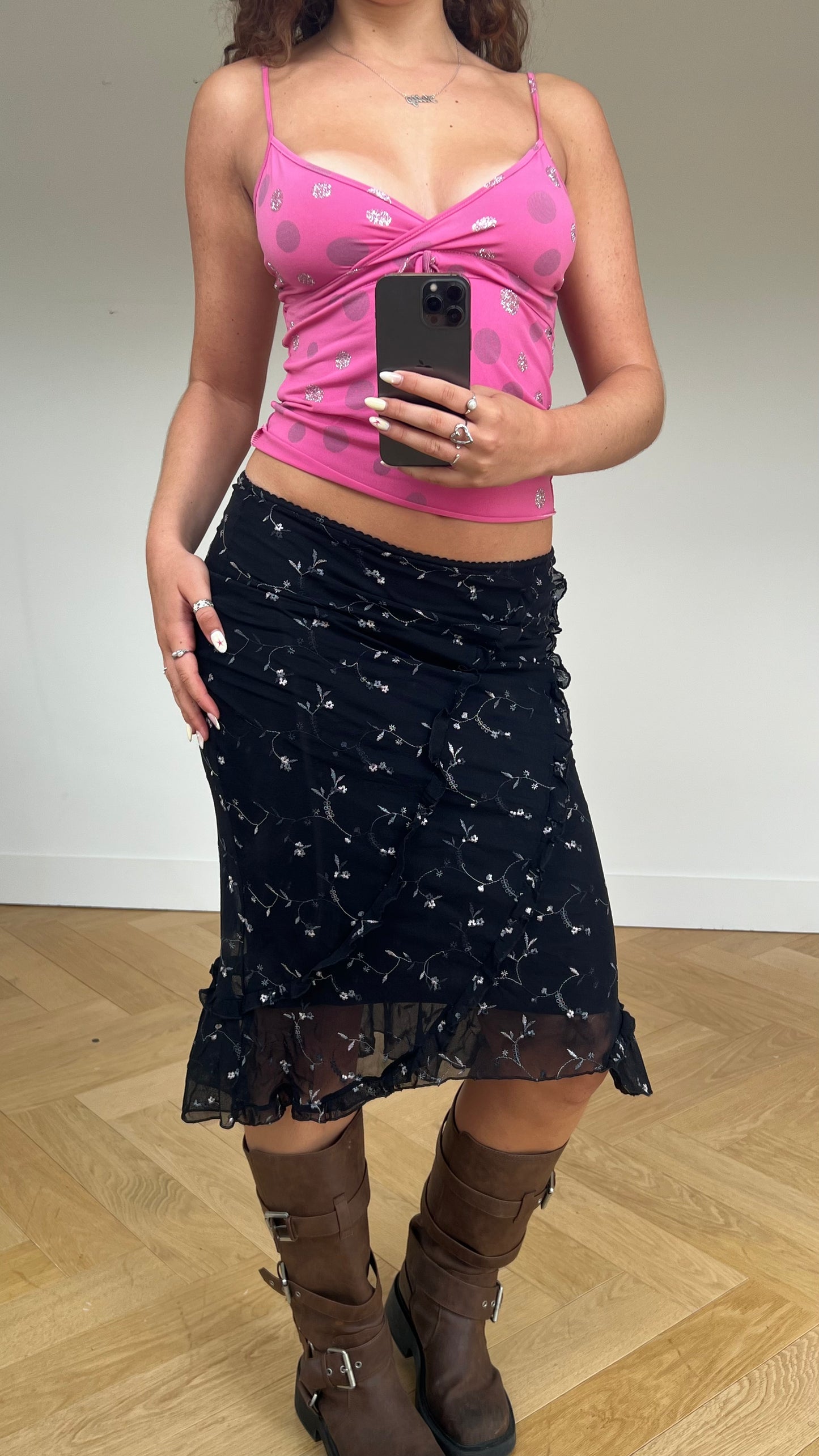 00s black floral mesh midi skirt- size S/M