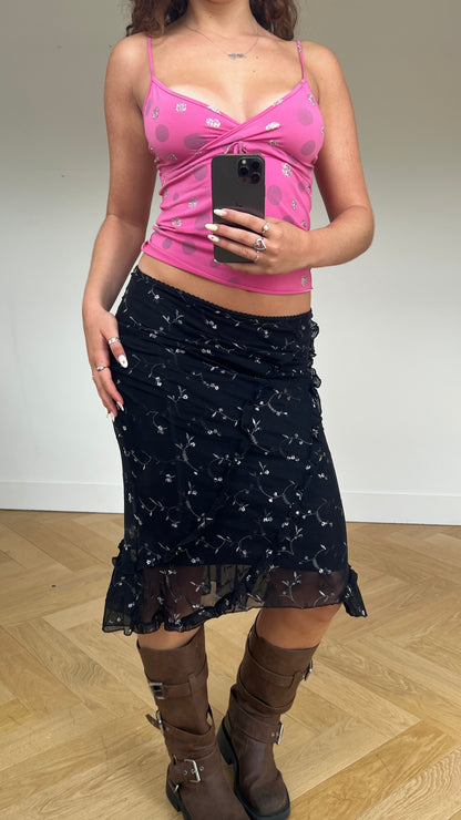 00s black floral mesh midi skirt- size S/M