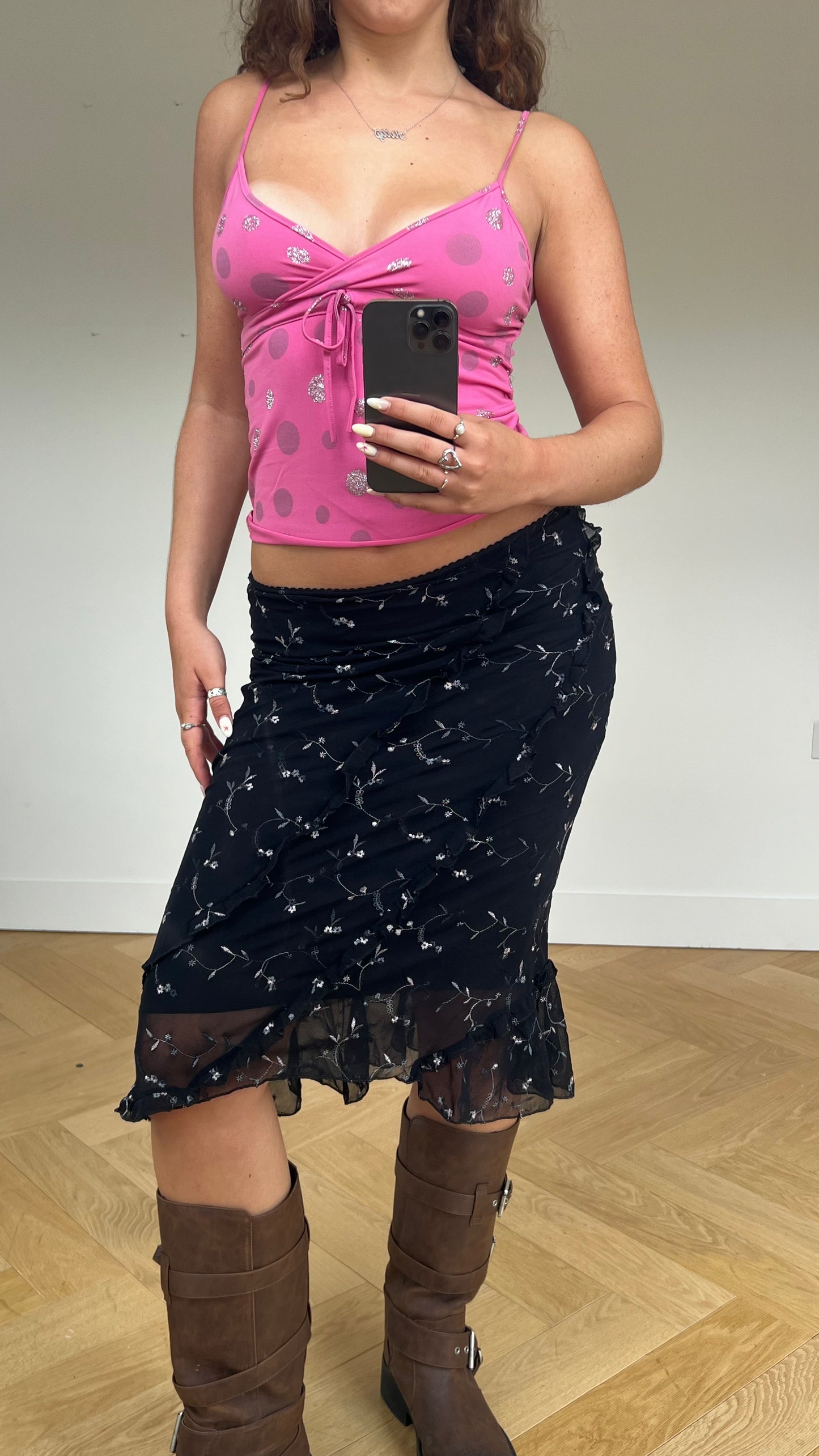 00s black floral mesh midi skirt- size S/M