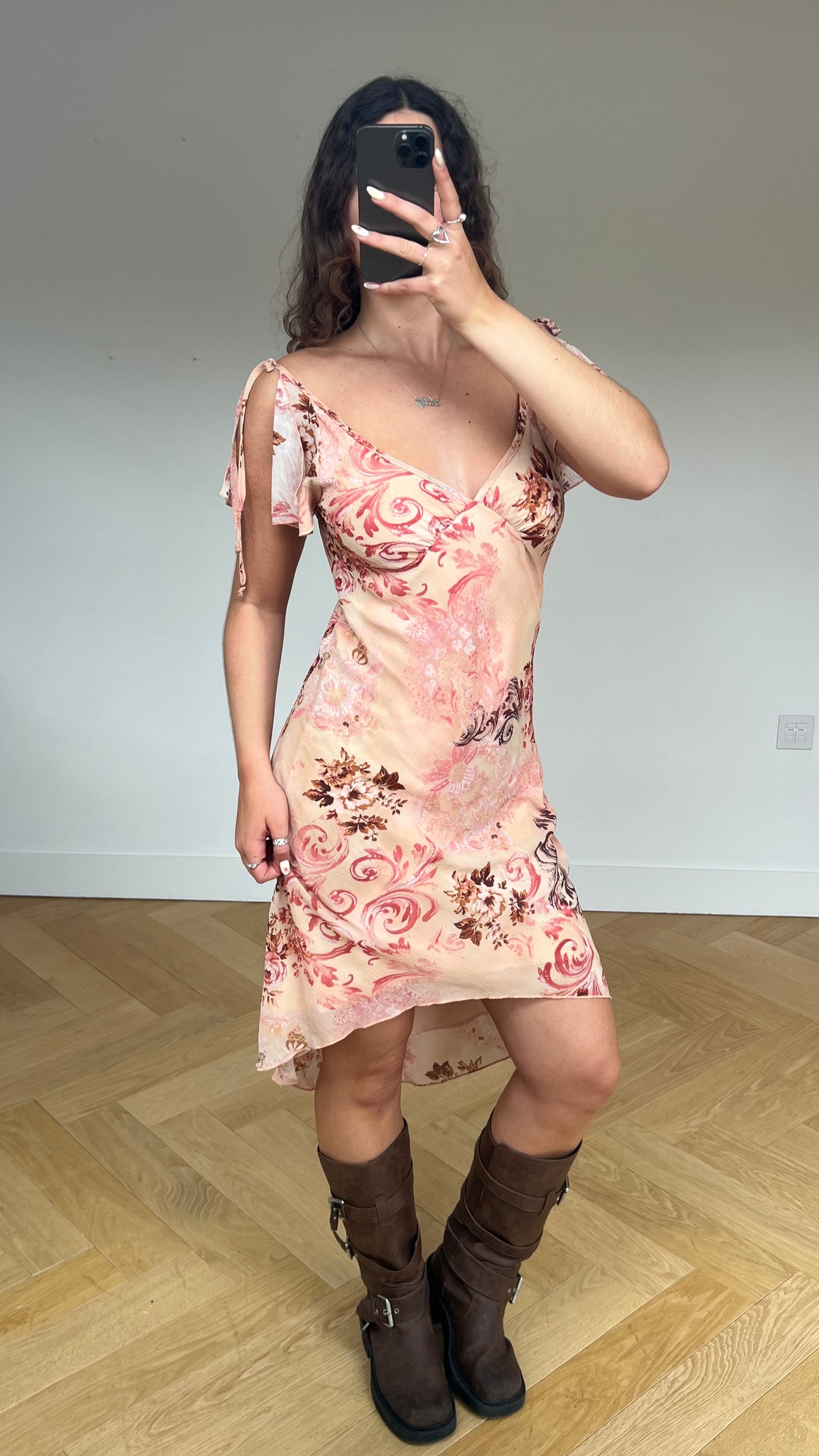 00s coral floral midi dress- size M