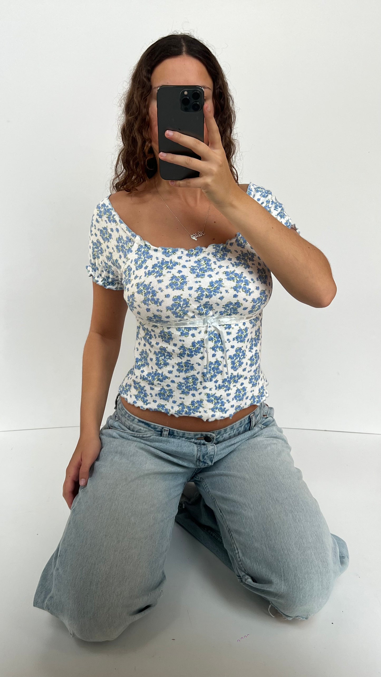 00s blue floral milkmaid top- size M