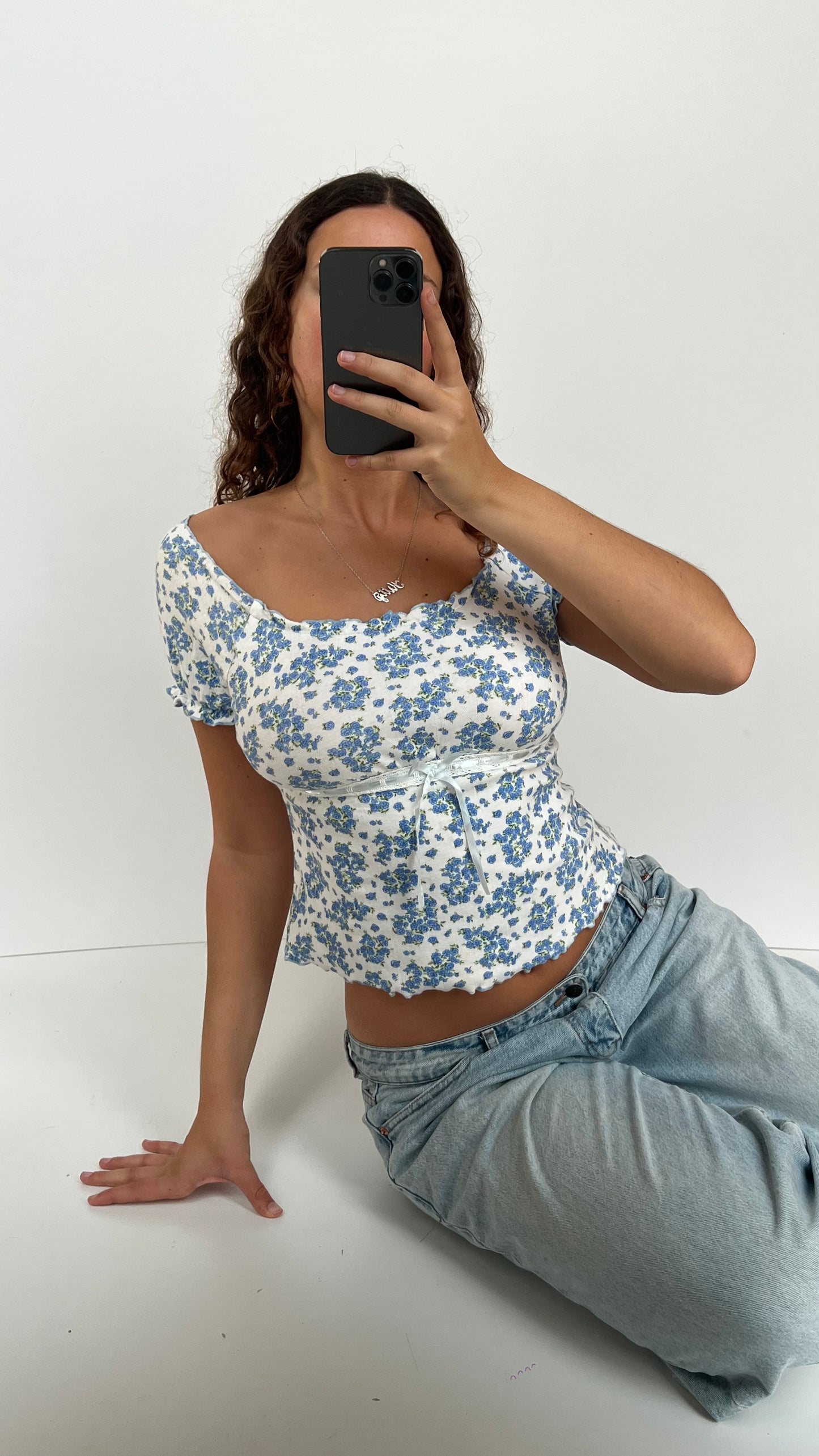 00s blue floral milkmaid top- size M