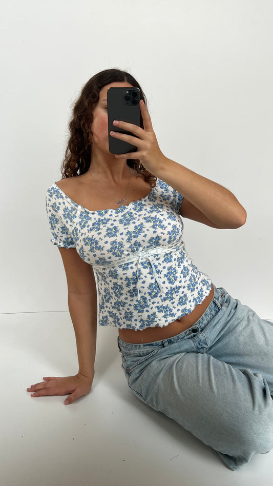 00s blue floral milkmaid top- size M