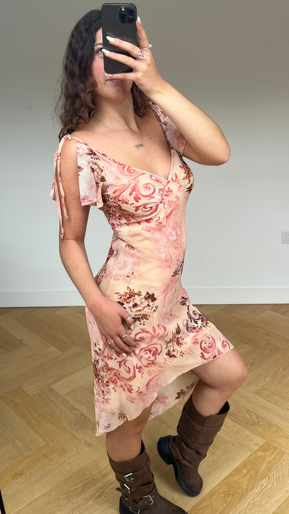 00s coral floral midi dress- size M
