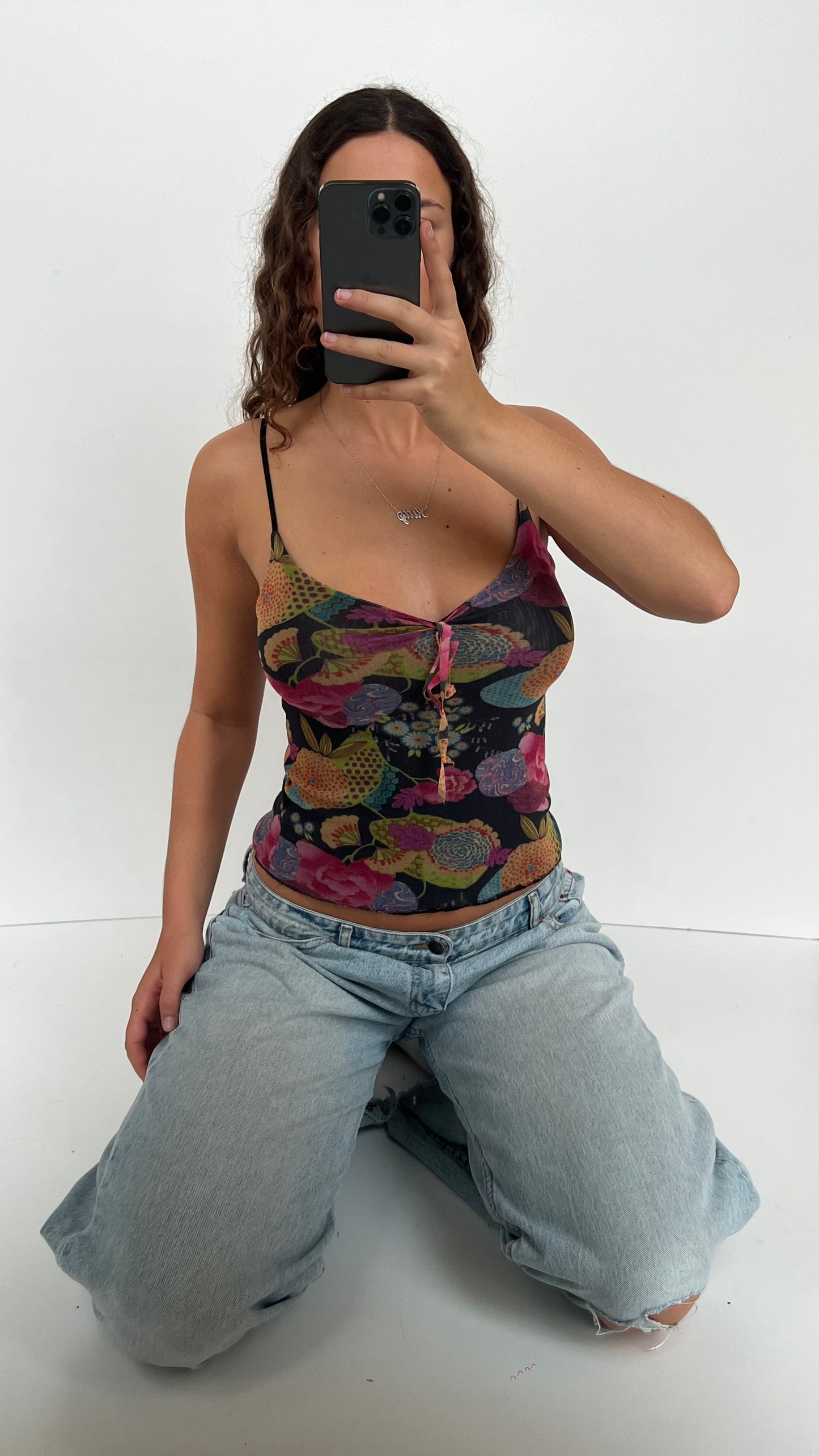 00s black mesh floral cami- size M