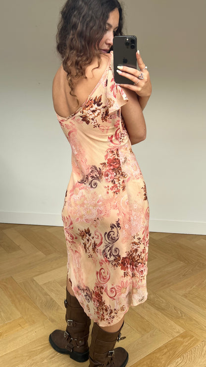 00s coral floral midi dress- size M
