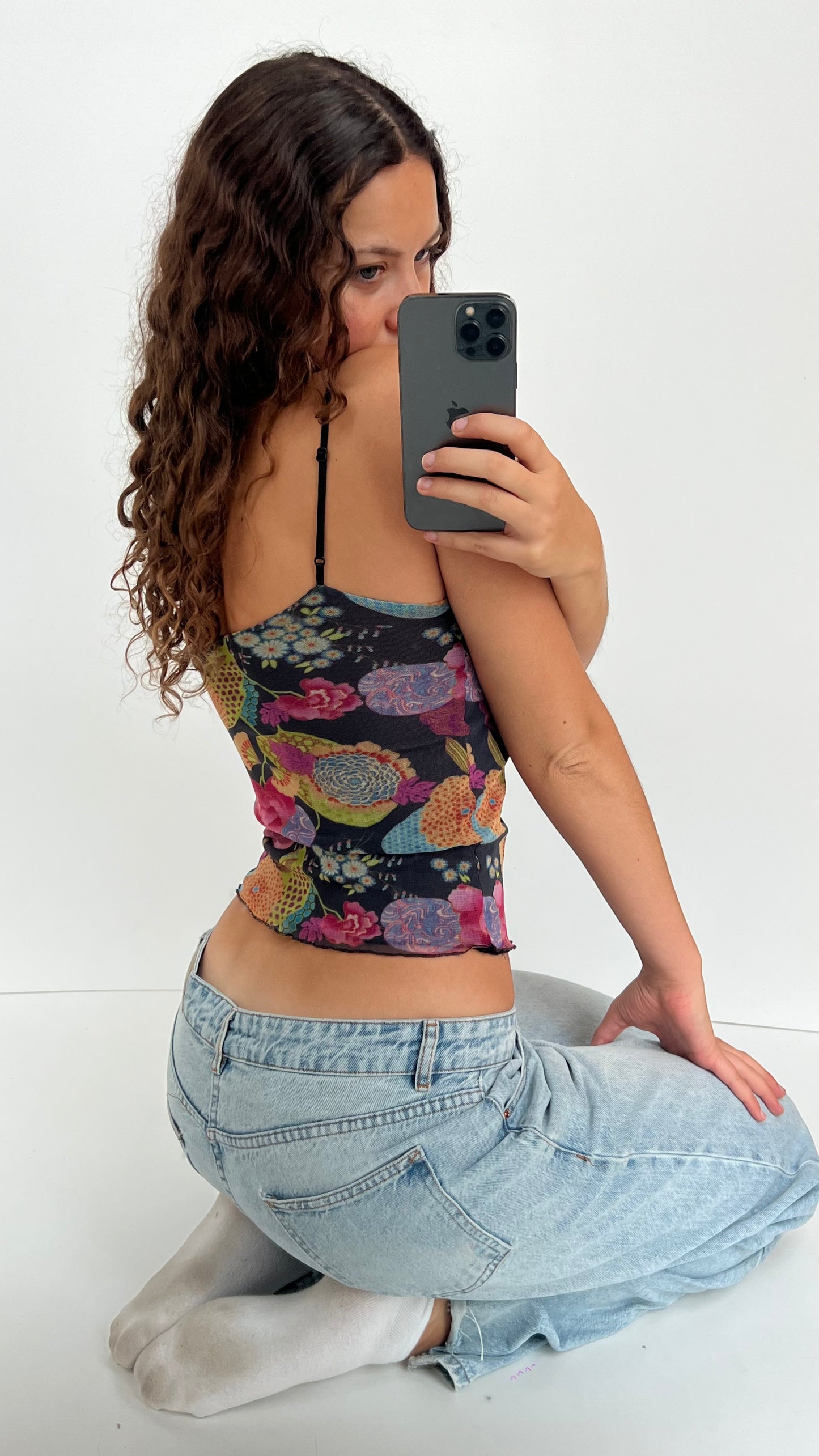 00s black mesh floral cami- size M
