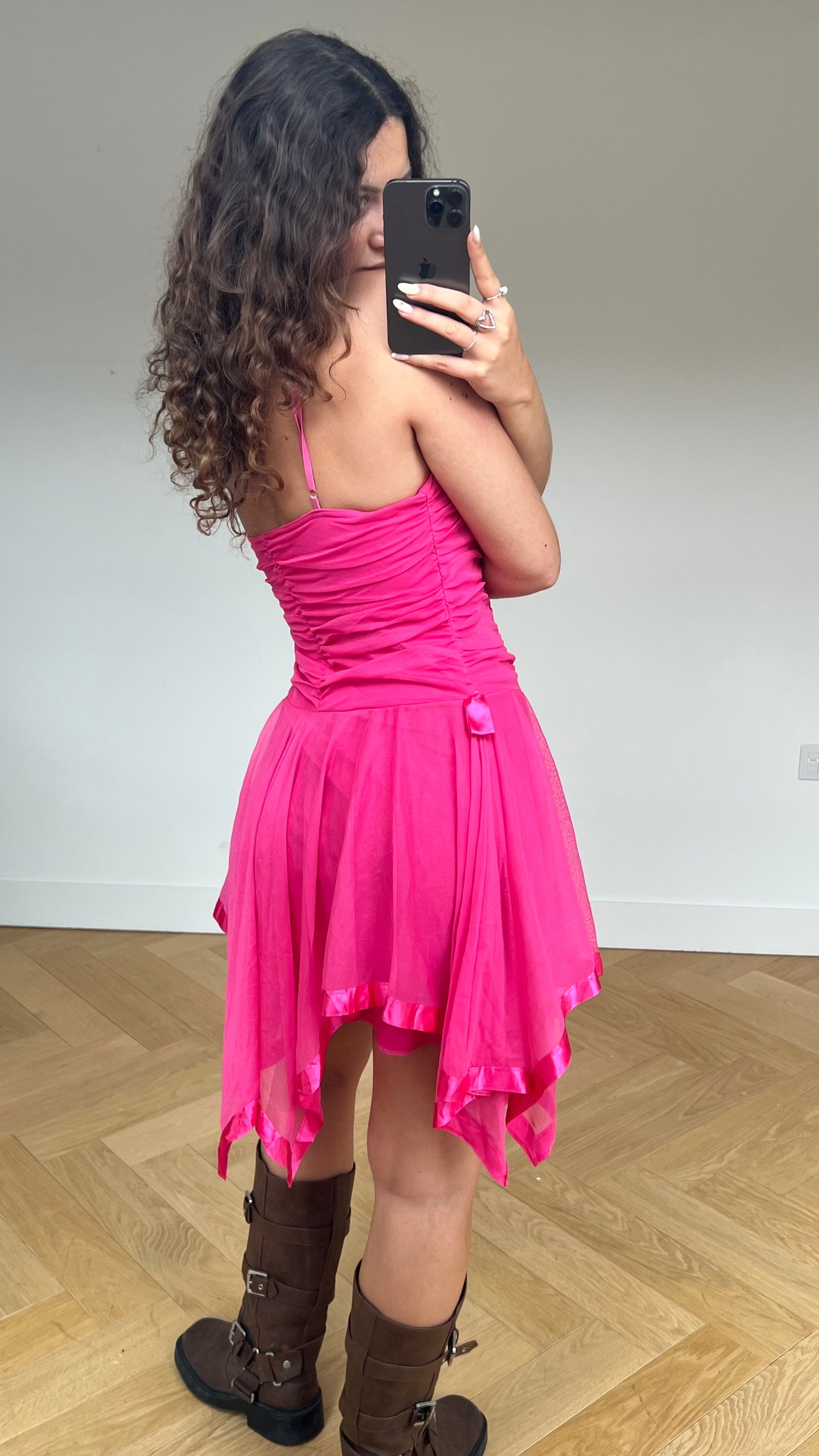 00s pink mesh asymmetric mini dress- size M