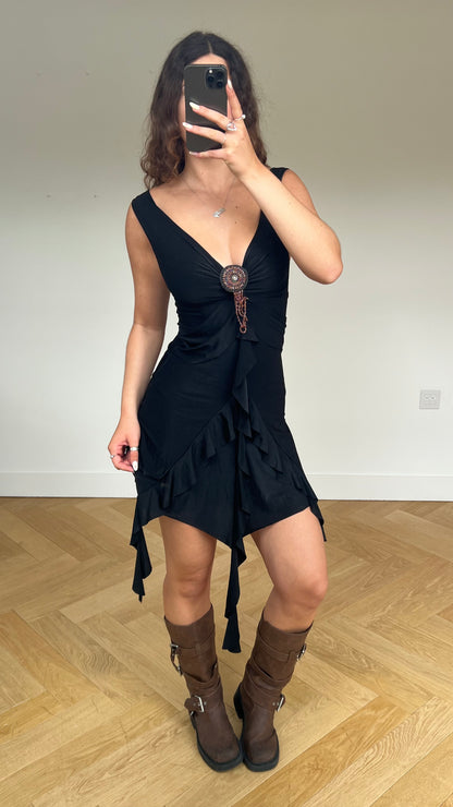 00s black asymmetric mini dress- size S