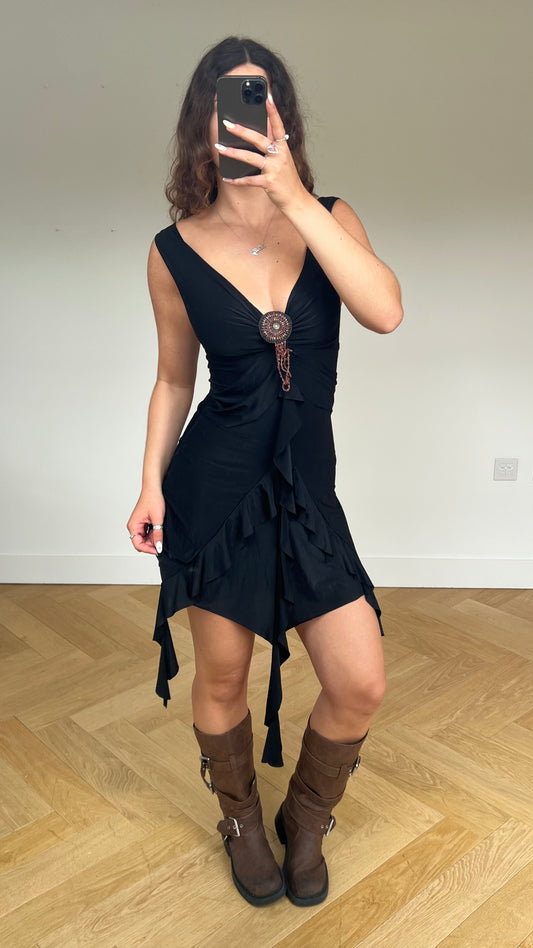 00s black asymmetric mini dress- size S