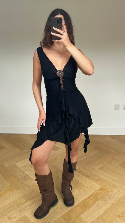 00s black asymmetric mini dress- size S