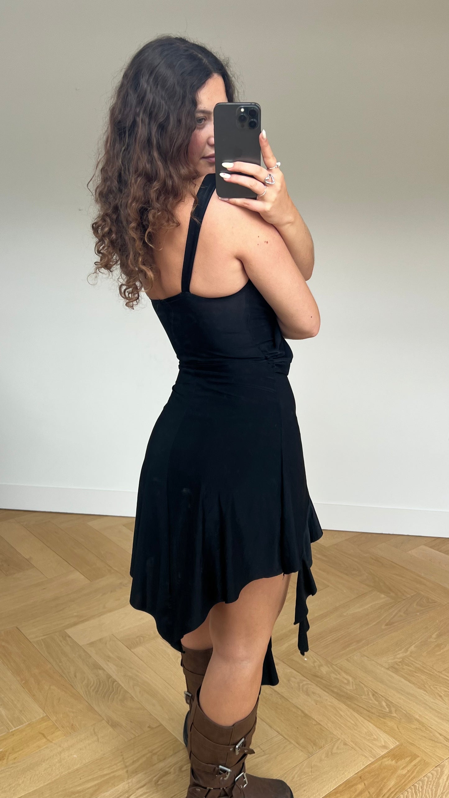 00s black asymmetric mini dress- size S