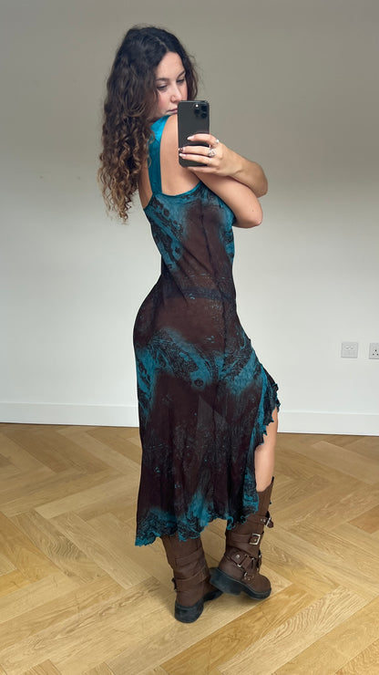 00s blue brown mesh maxi dress- size L