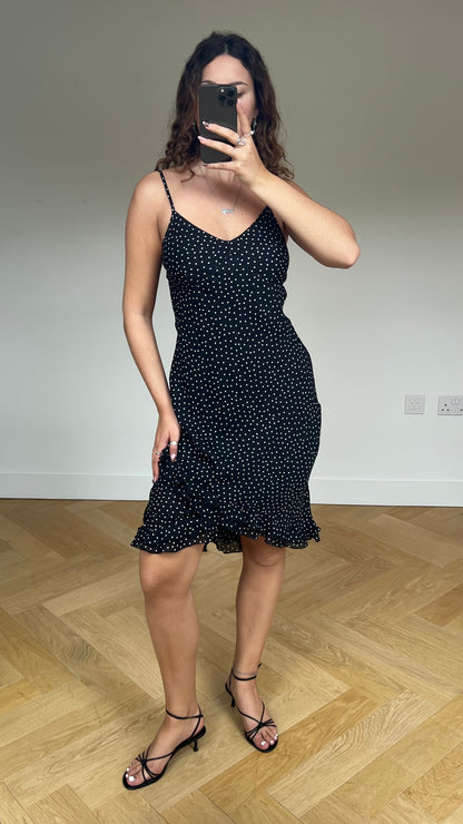 00s black polka dot midi dress- size M