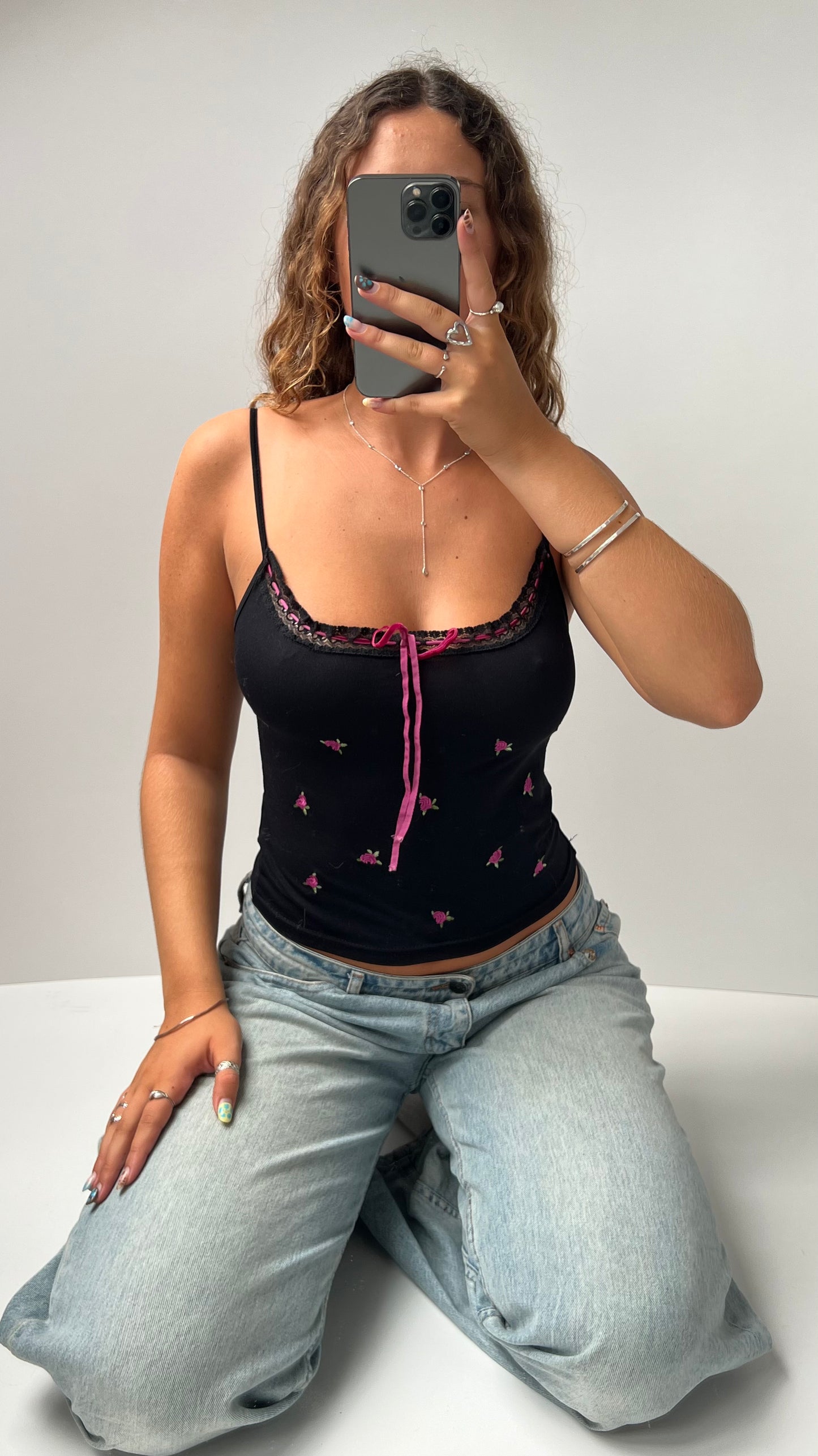 00s black pink floral cami- size S