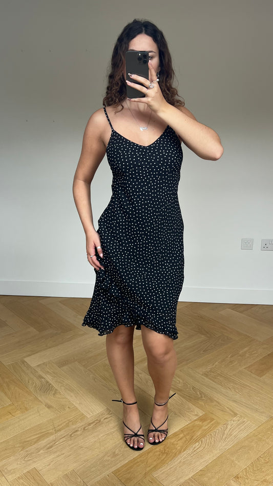 00s black polka dot midi dress- size M