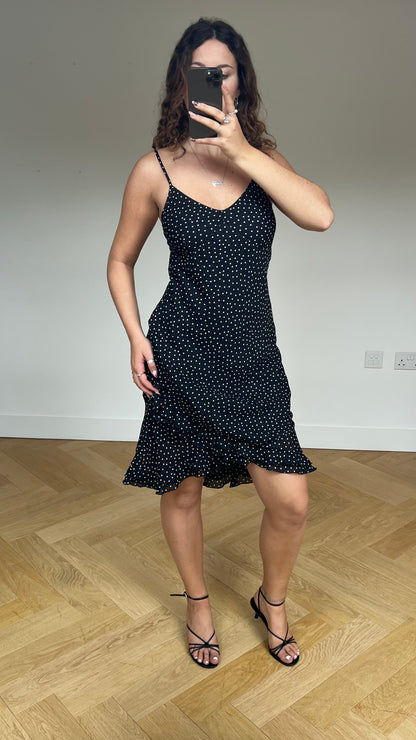 00s black polka dot midi dress- size M