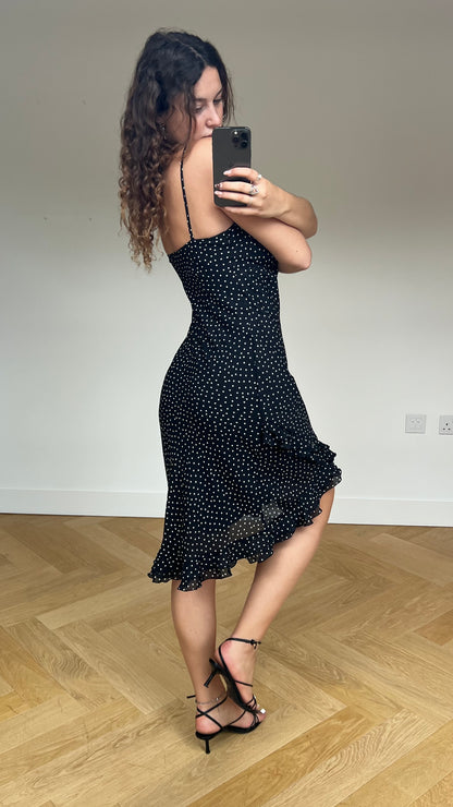 00s black polka dot midi dress- size M