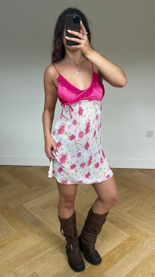 00s white pink floral mini dress- size M/L