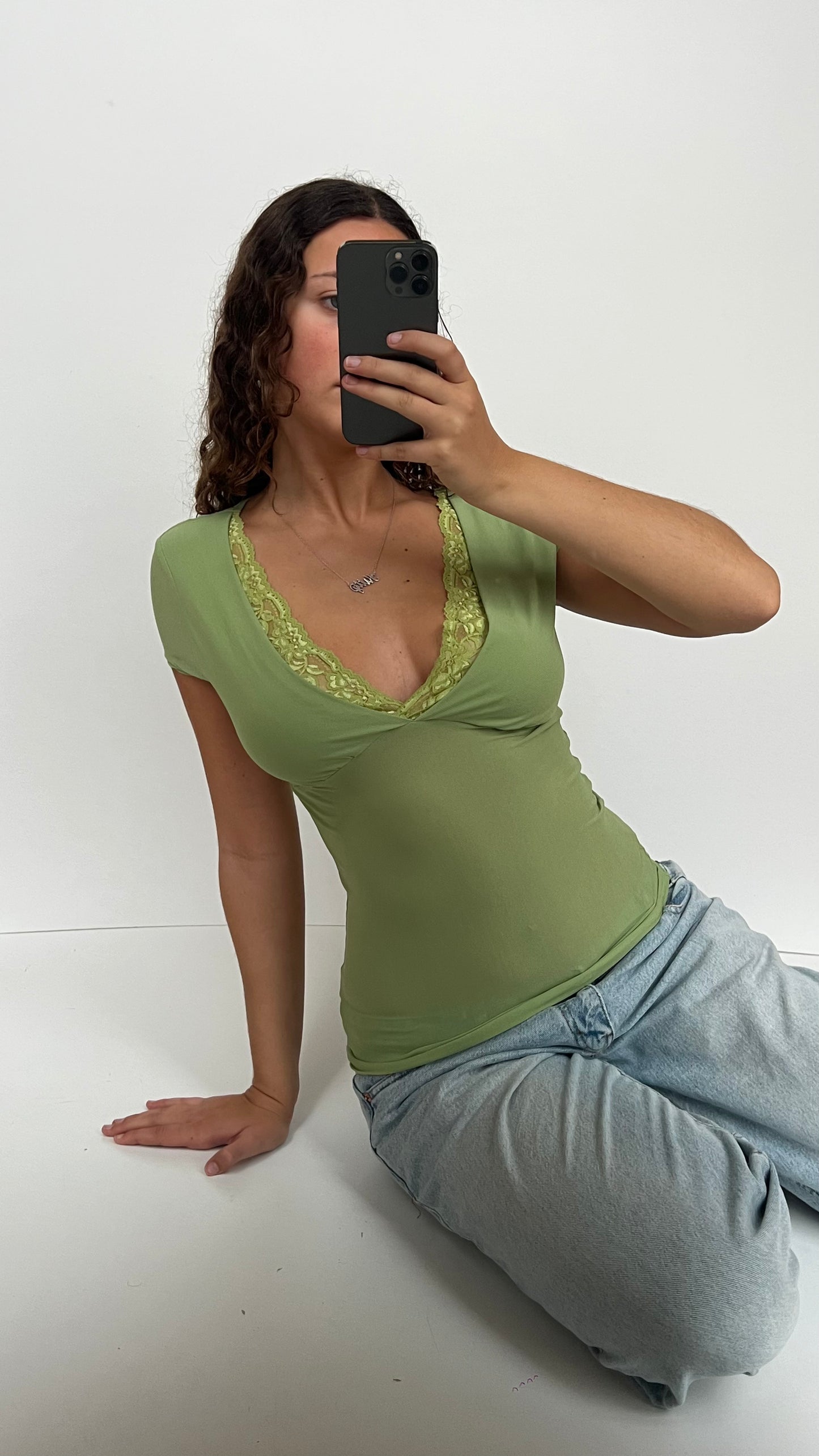 00s green mesh lace top- size M/L