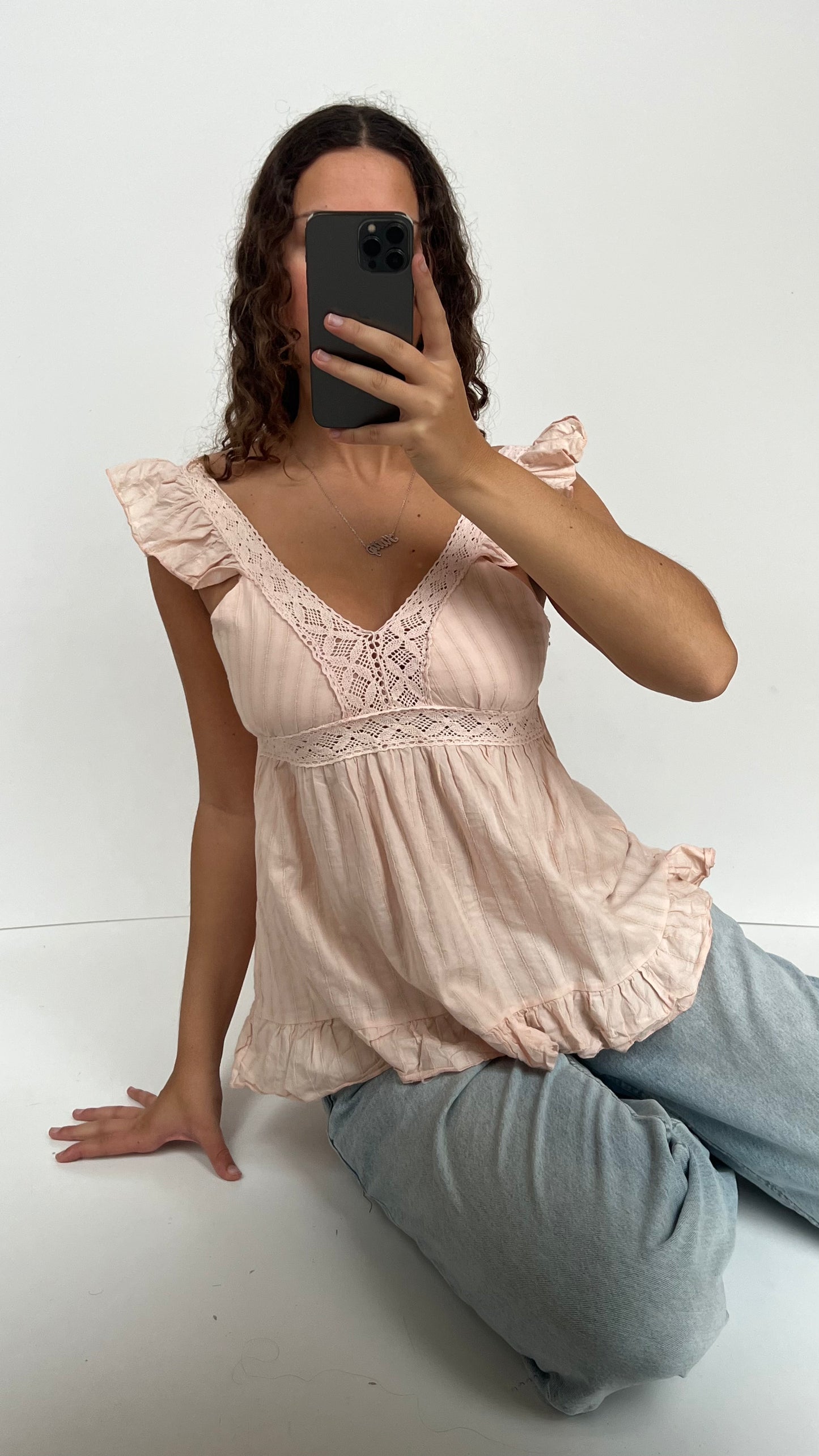 00s pink babydoll crochet cami- size M