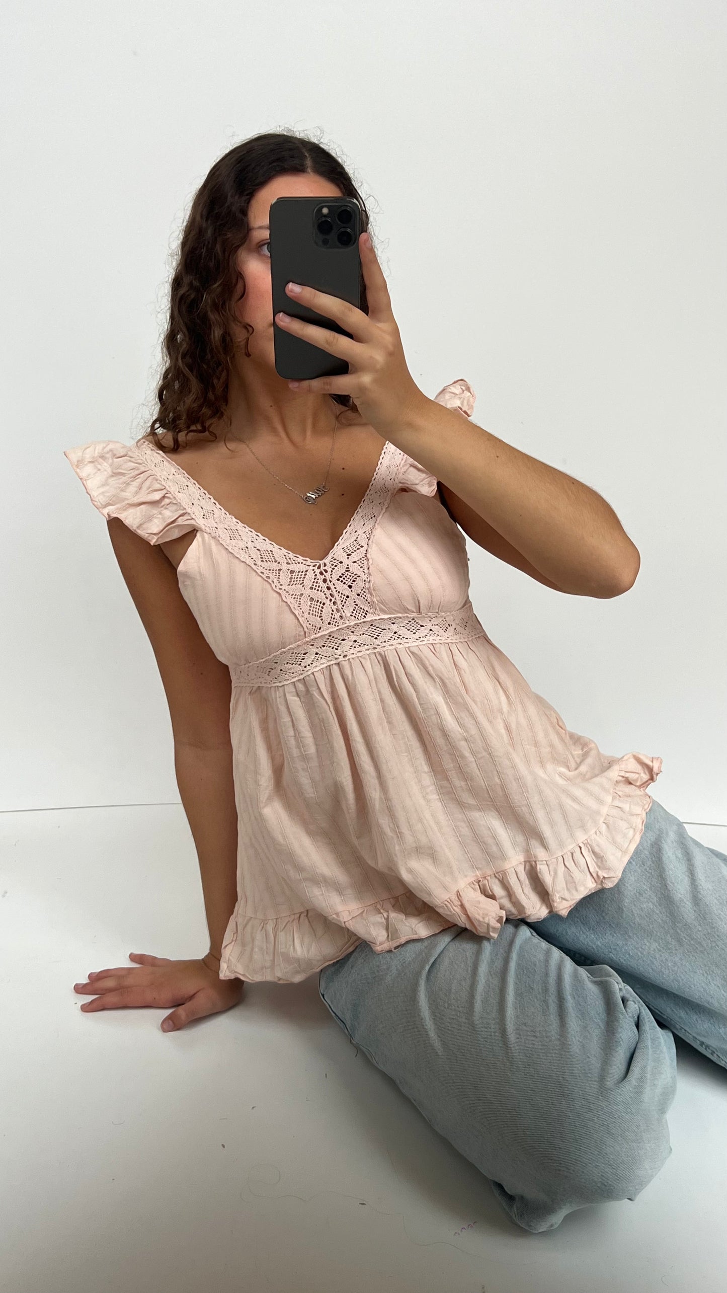 00s pink babydoll crochet cami- size M