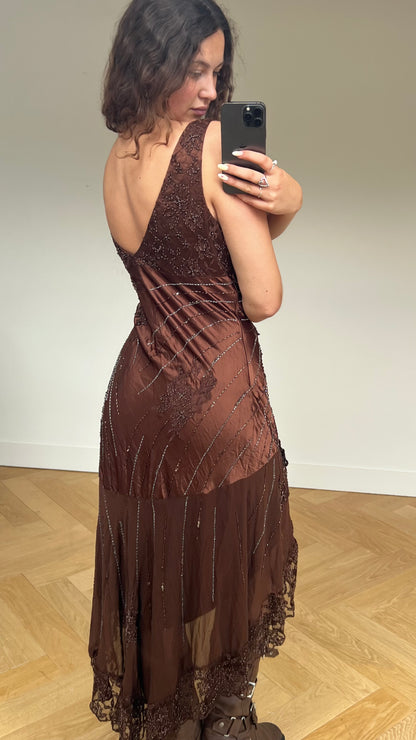 00s brown satin beaded maxi dress- size XXL