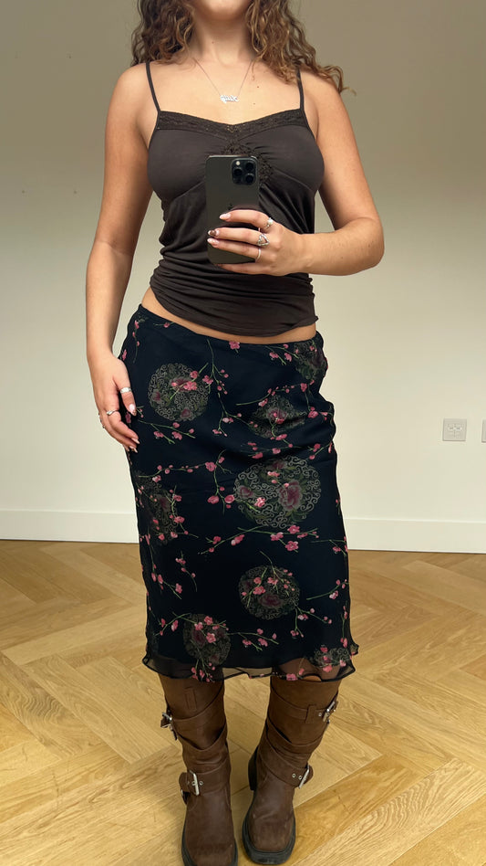00s silk black floral midi skirt- size M