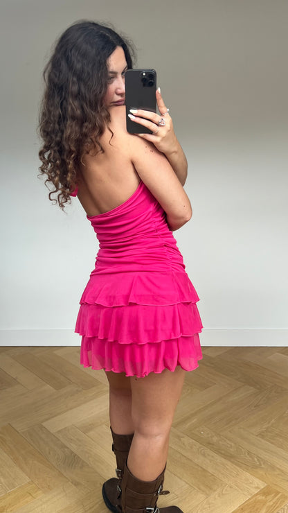 00s pink ruched halter dress- size M/L