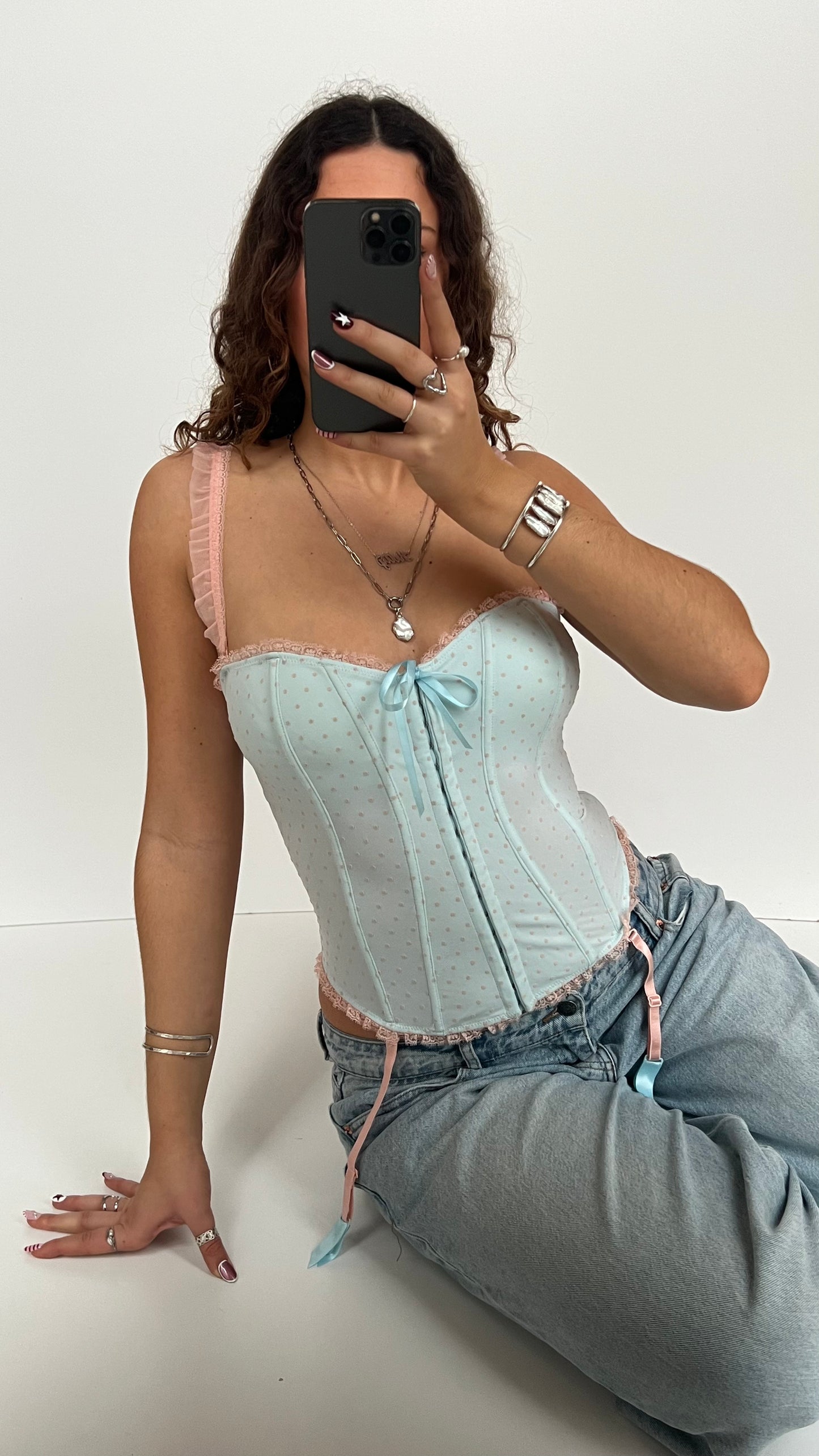 00s blue polka dot corset- size S