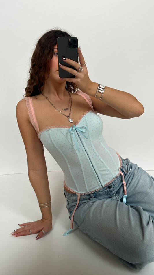 00s blue polka dot corset- size S