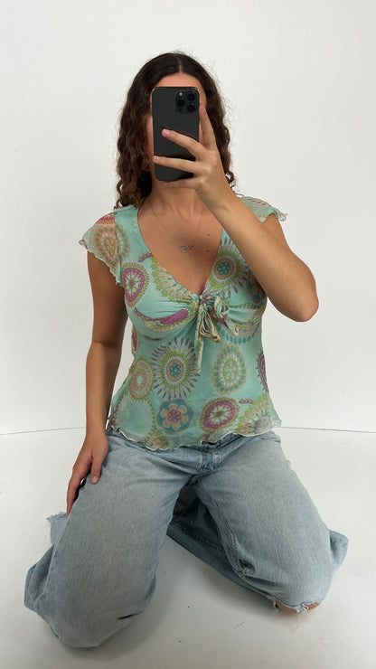 00s blue mesh babydoll top- size M