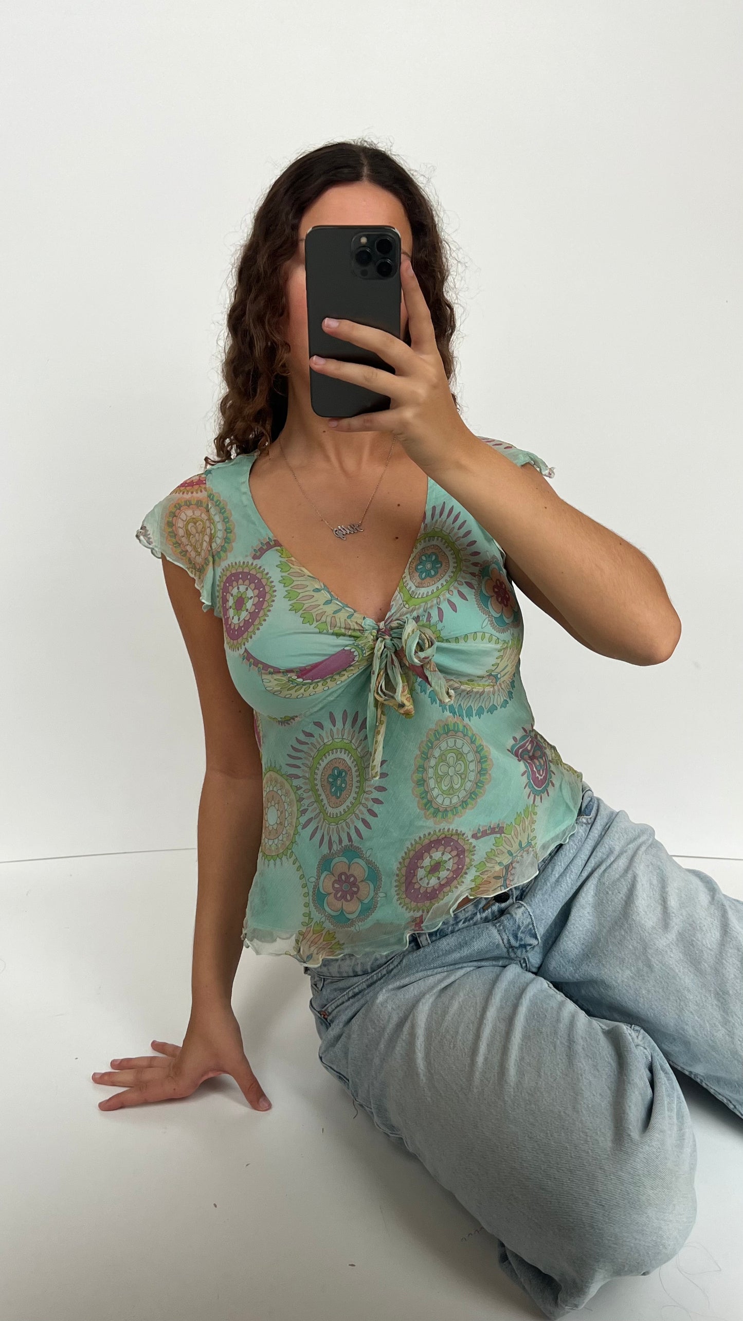 00s blue mesh babydoll top- size M