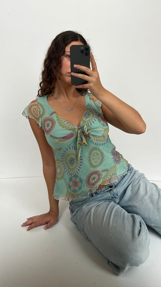 00s blue mesh babydoll top- size M
