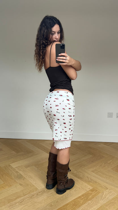 00s white red floral midi skirt- size M