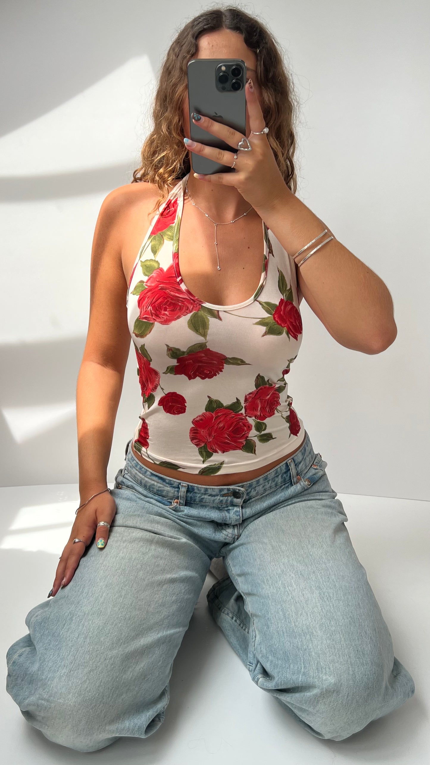 00s cream red floral halter cami- size S