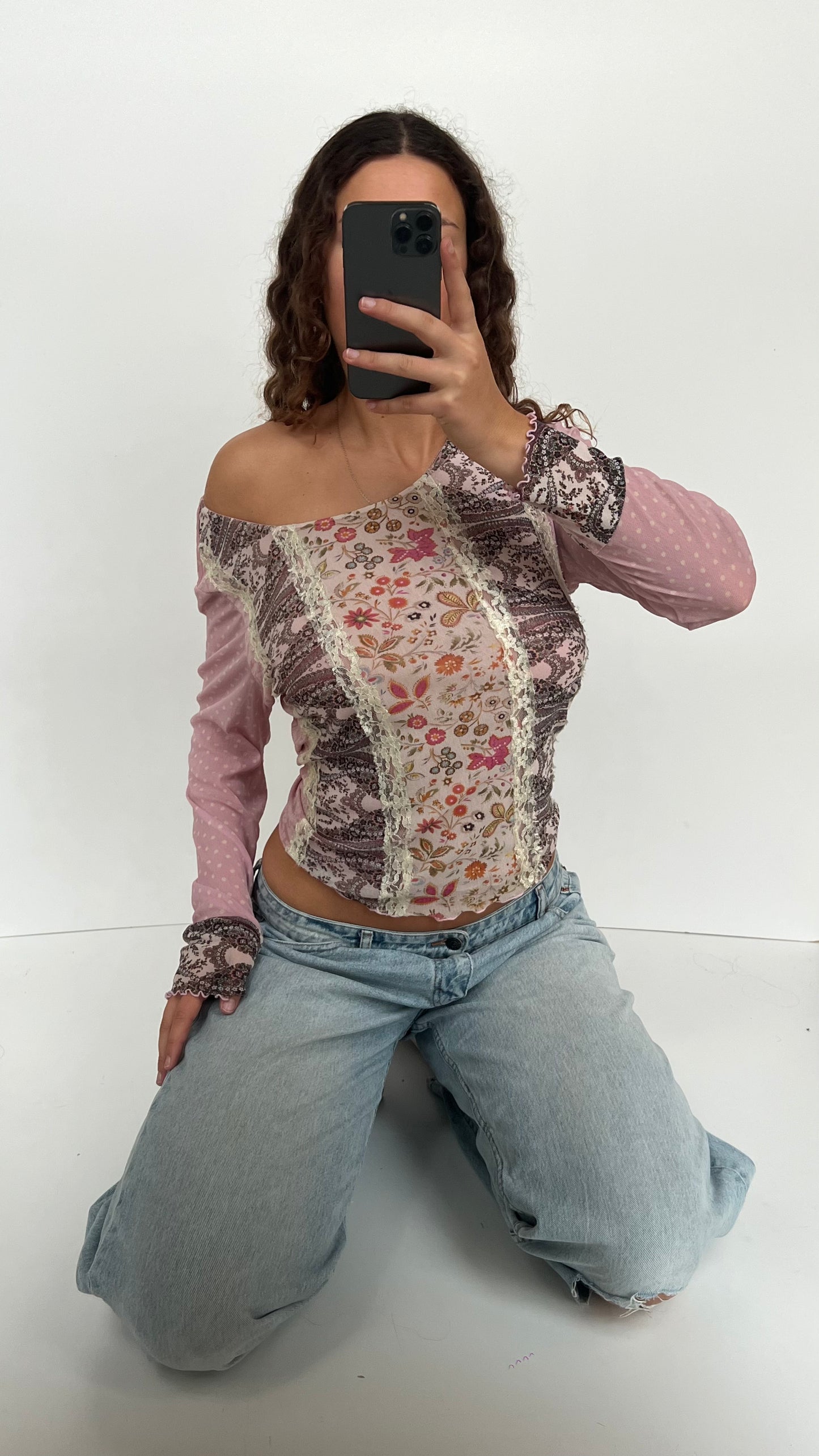 00s pink lace patchwork top- size XL