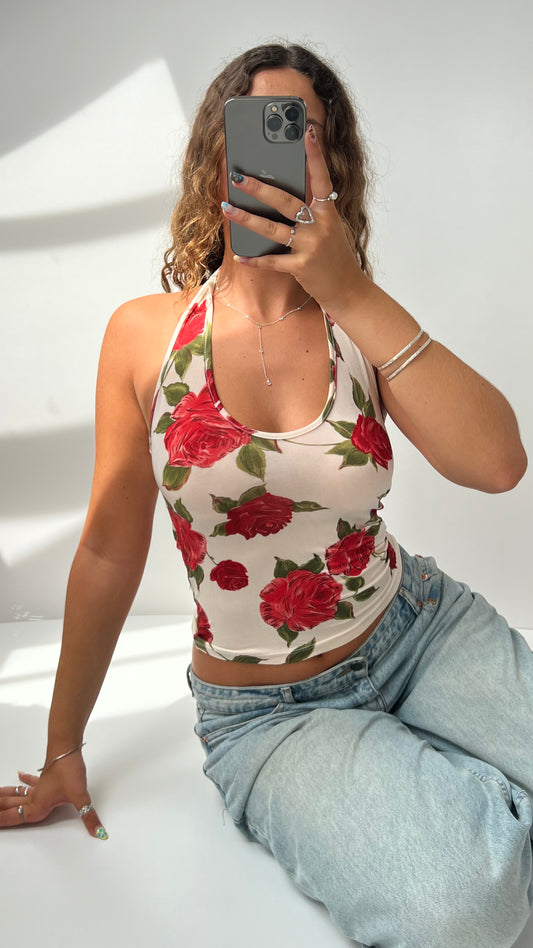 00s cream red floral halter cami- size S