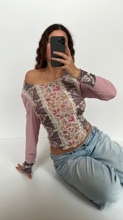00s pink lace patchwork top- size XL