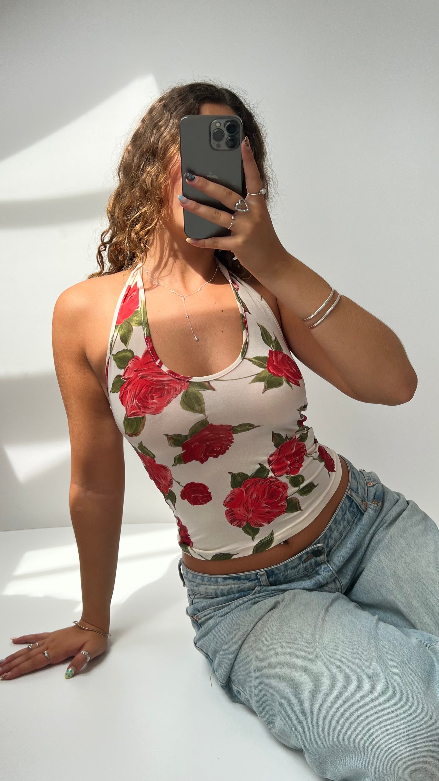 00s cream red floral halter cami- size S