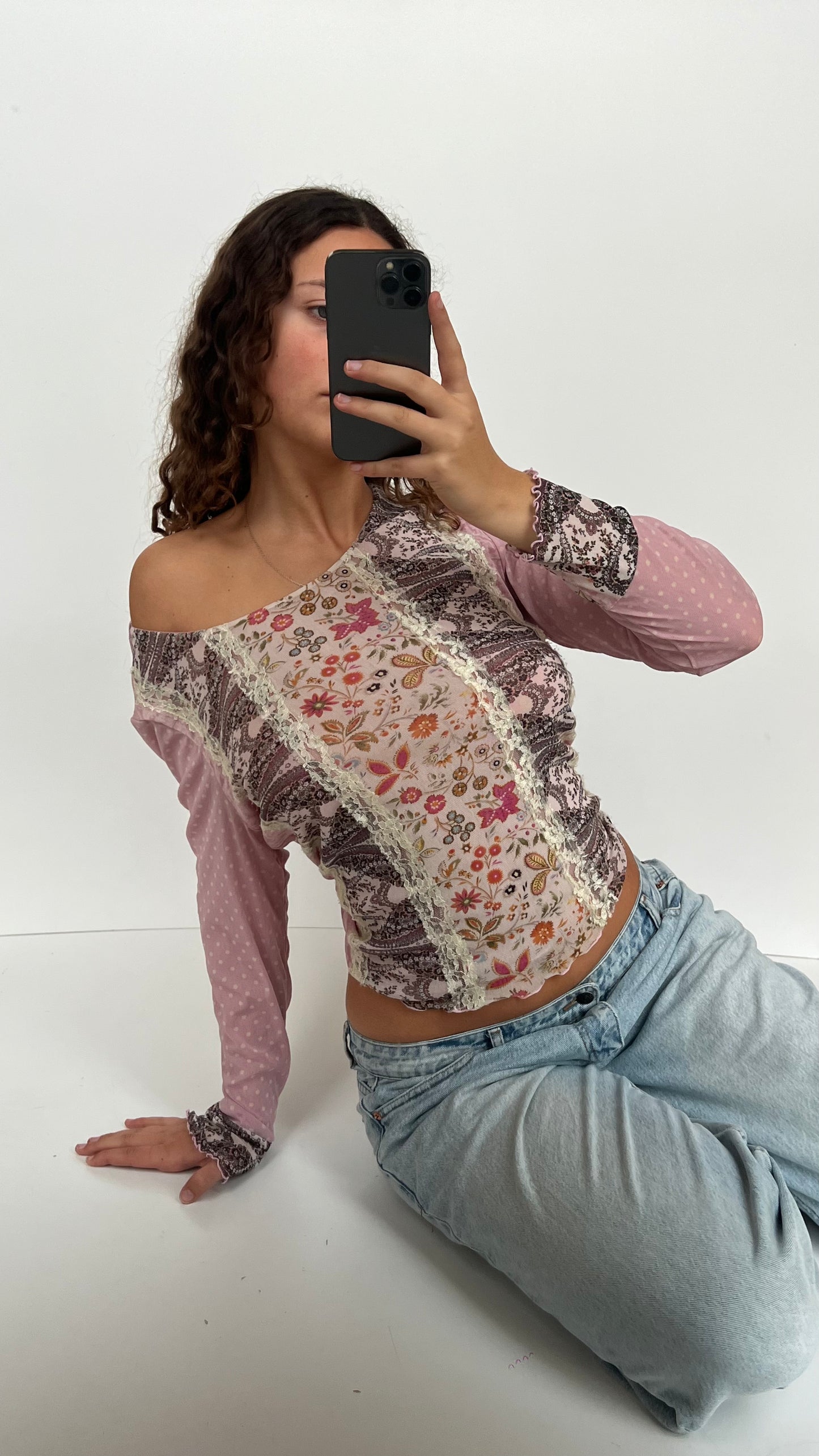 00s pink lace patchwork top- size XL