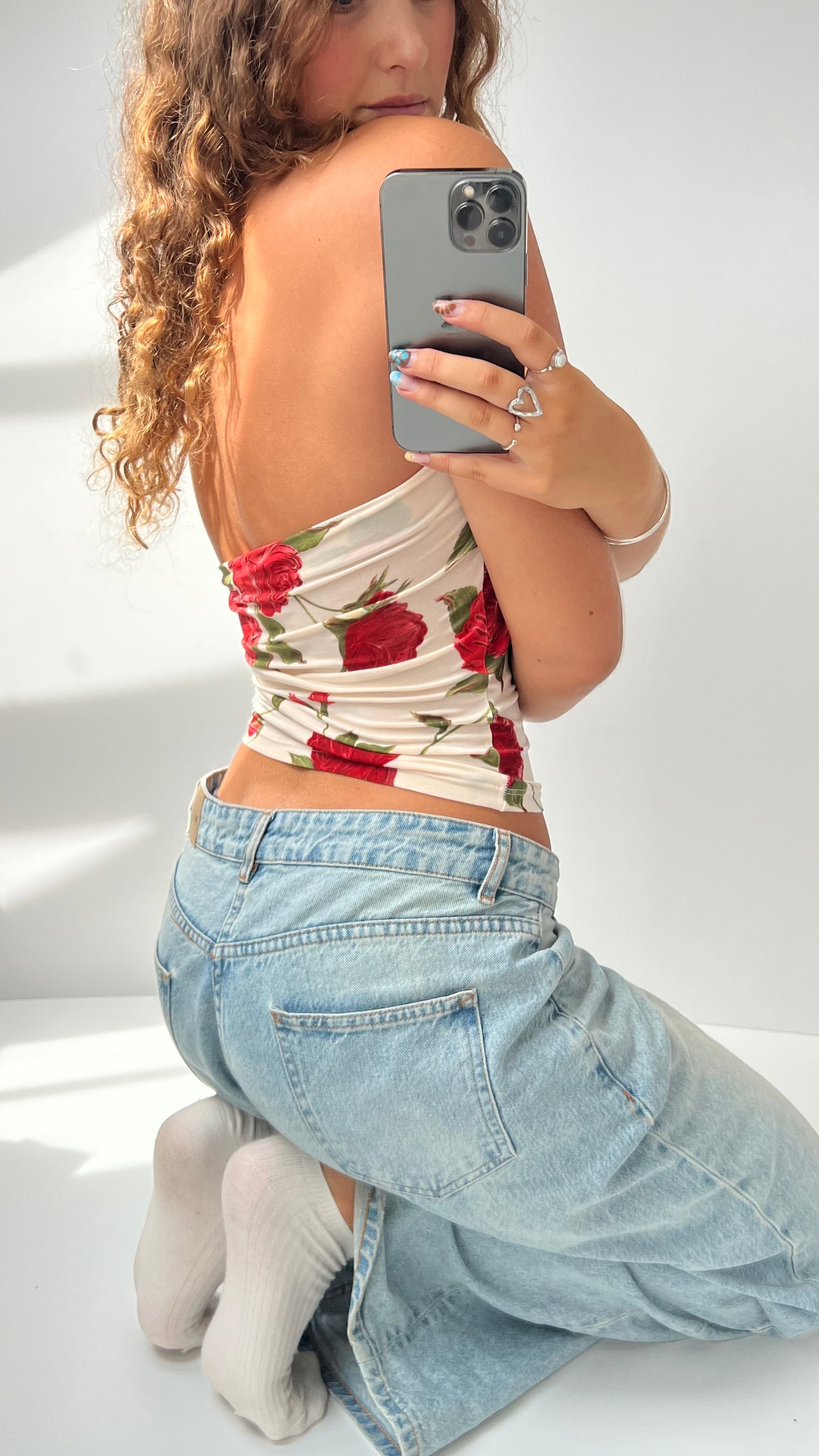 00s cream red floral halter cami- size S