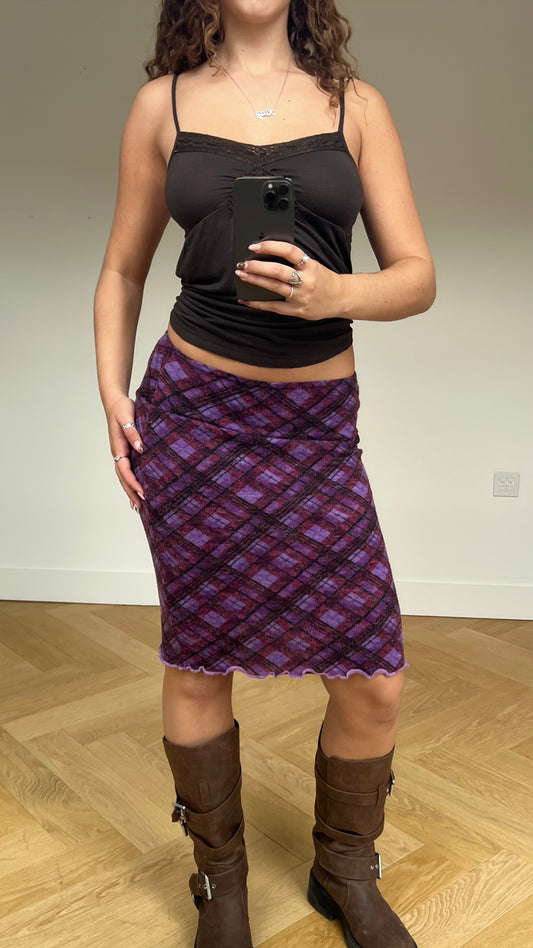 00s purple plaid midi skirt- size S