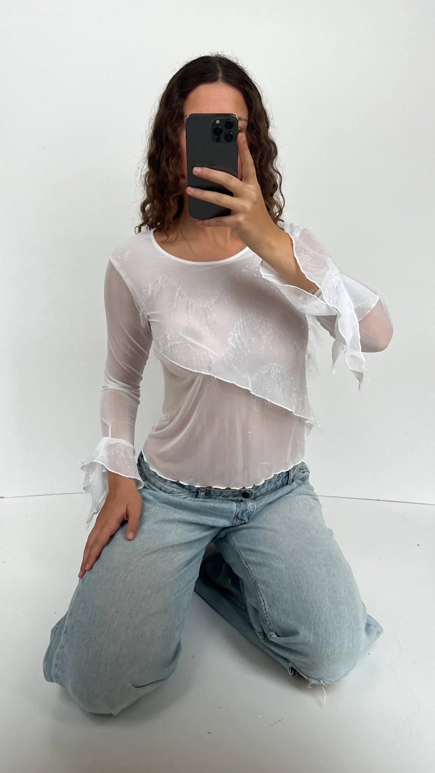 00s white sparkle mesh top- size S
