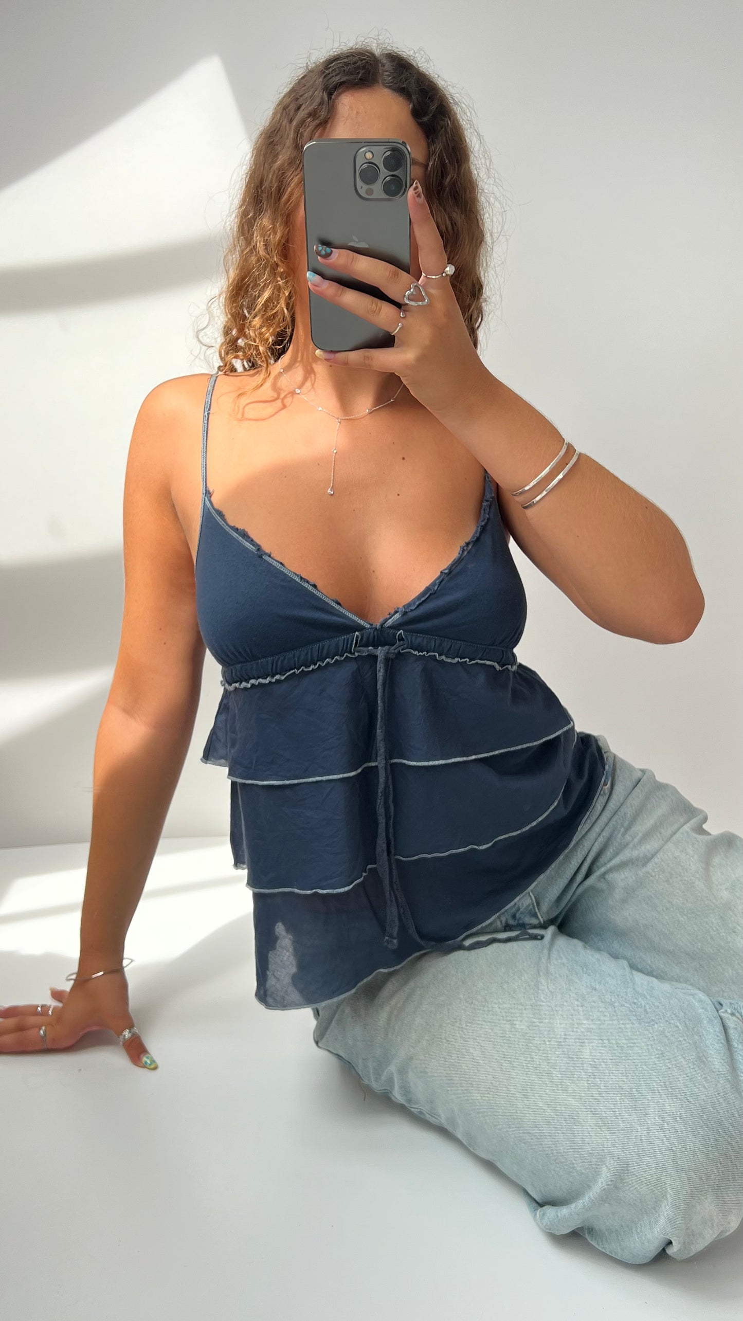00s navy ruffle babydoll cami- size M
